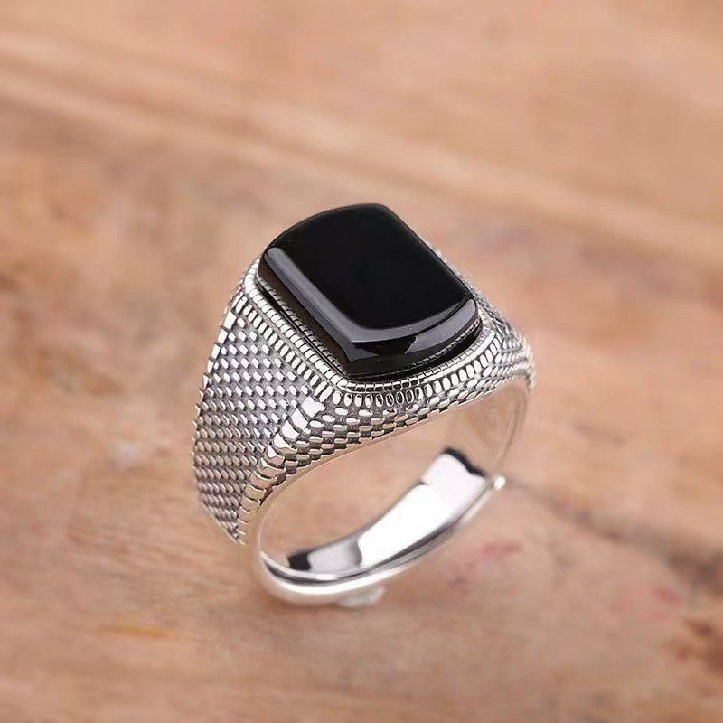 Men's Vintage Black Agate Style Adjustable Statement Ring