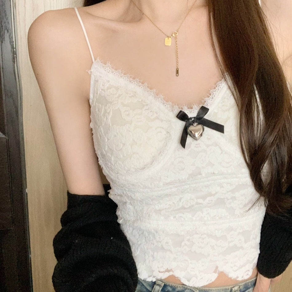 Women's Lace Backless Camisole with Bowknot Built-In Pads