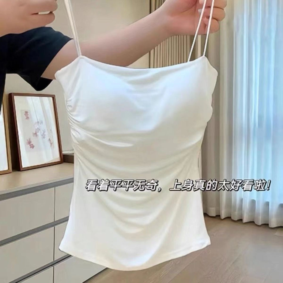 Women's Cotton Pleated Camisole with Built-In Cups Tank Top
