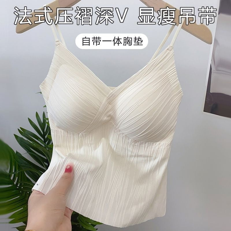 Women's French Style Pleated Camisole with Built-In Cups