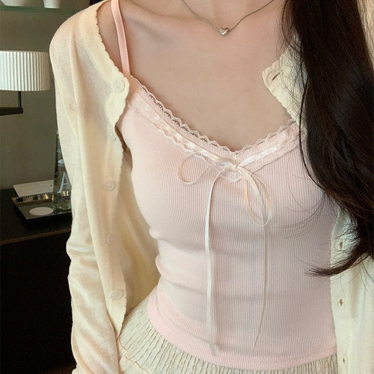 Women's Lace Bow Camisole with Built-In Cups Slim Fit Top