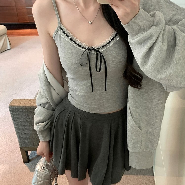 Women's Lace Bow Camisole with Built-In Cups Slim Fit Top
