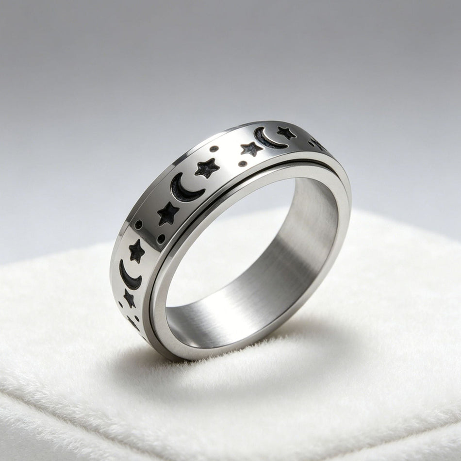 Unisex Titanium Steel Star Moon Rotatable Couple Ring