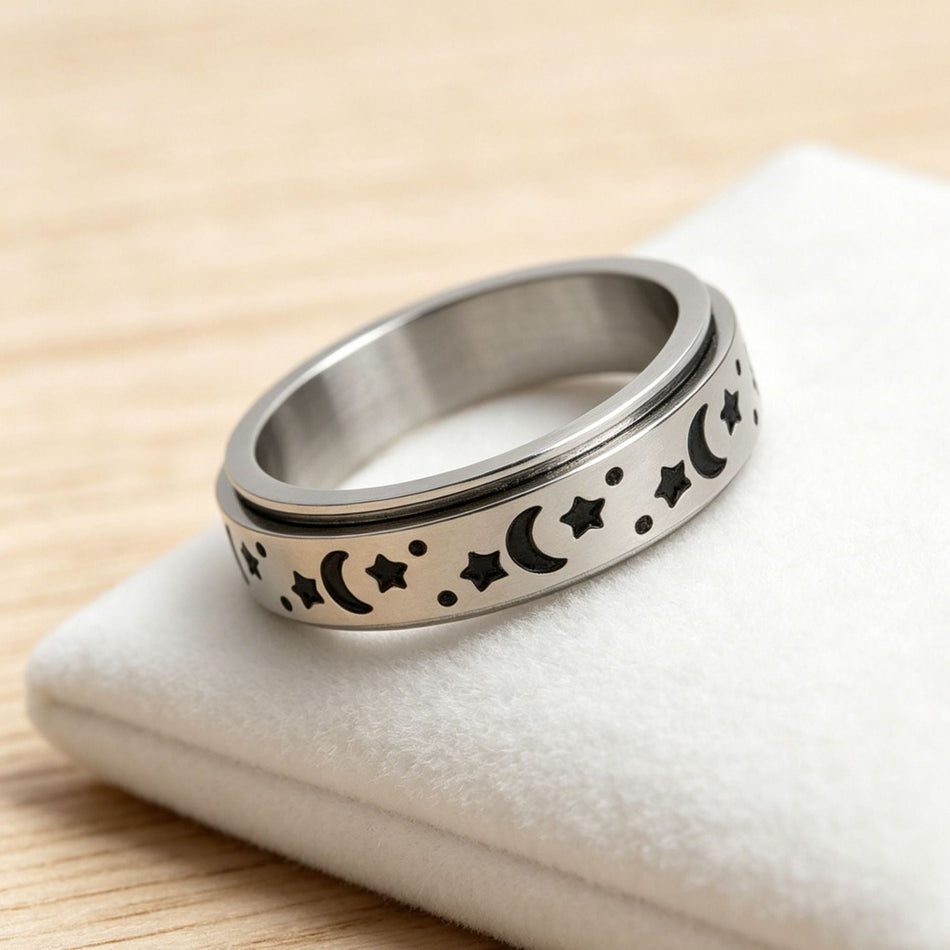 Unisex Titanium Steel Star Moon Rotatable Couple Ring