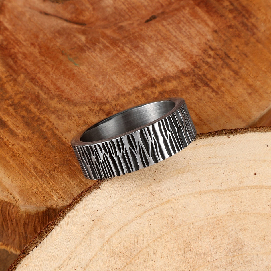 Men's Stainless Steel Wood Grain Retro Hip-Hop Ring Design
