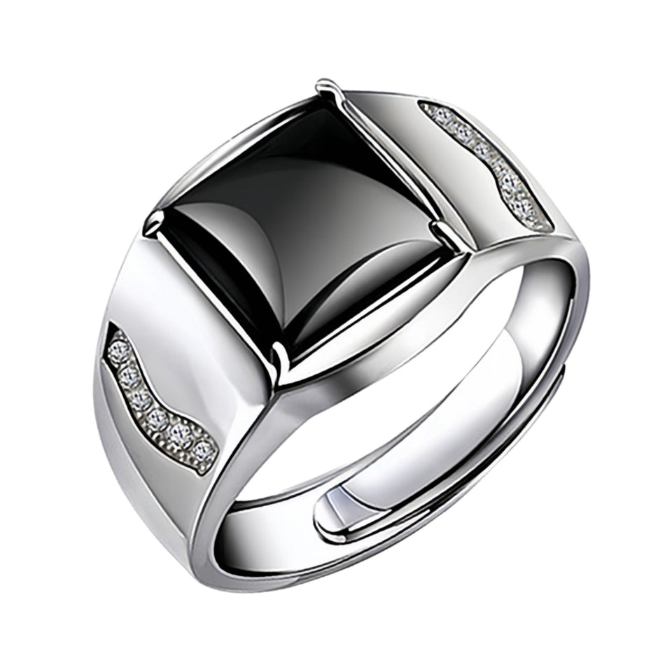 Men's Adjustable Square Black Diamond Ring Korean Style Design