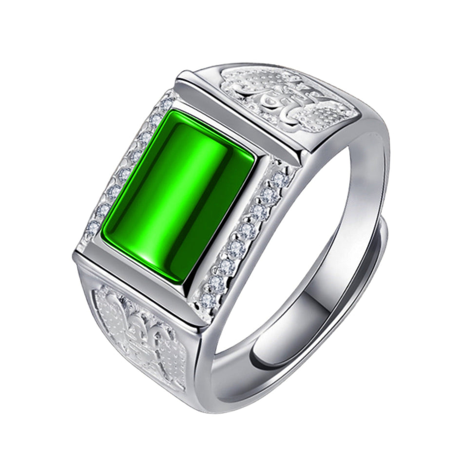 Men's Green Chalcedony Inlaid Ring Elegant Jade Style Design
