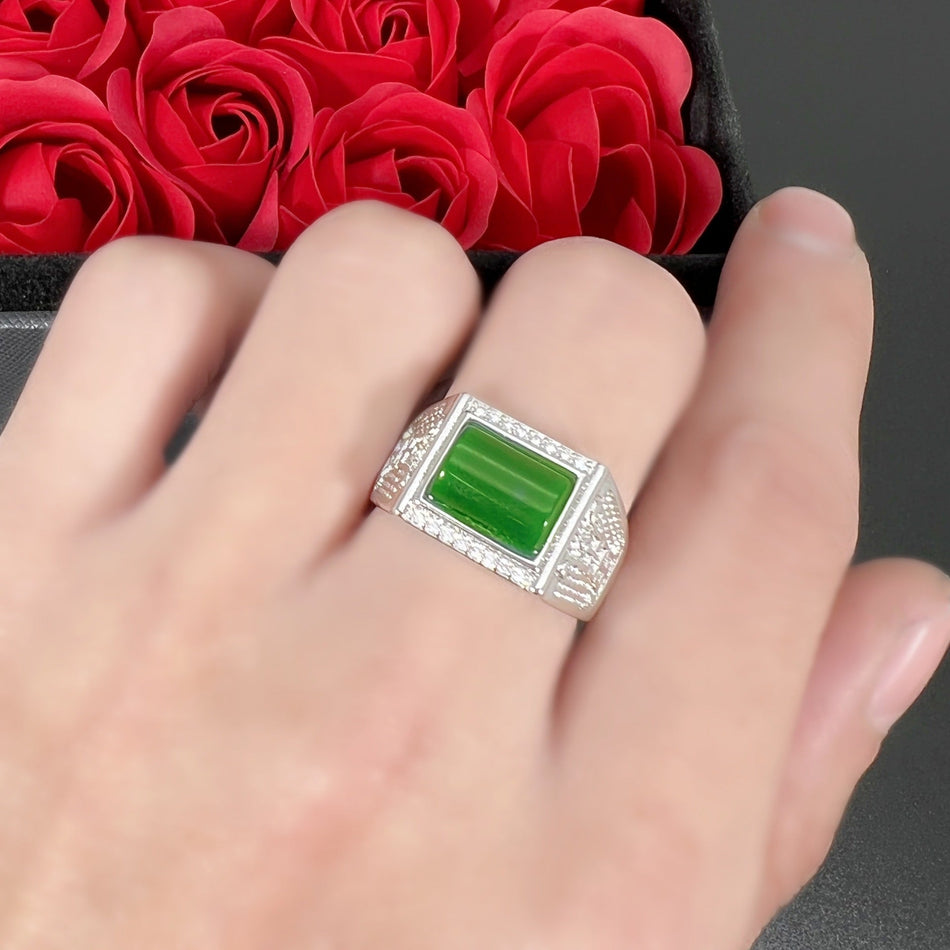 Men's Green Chalcedony Inlaid Ring Elegant Jade Style Design