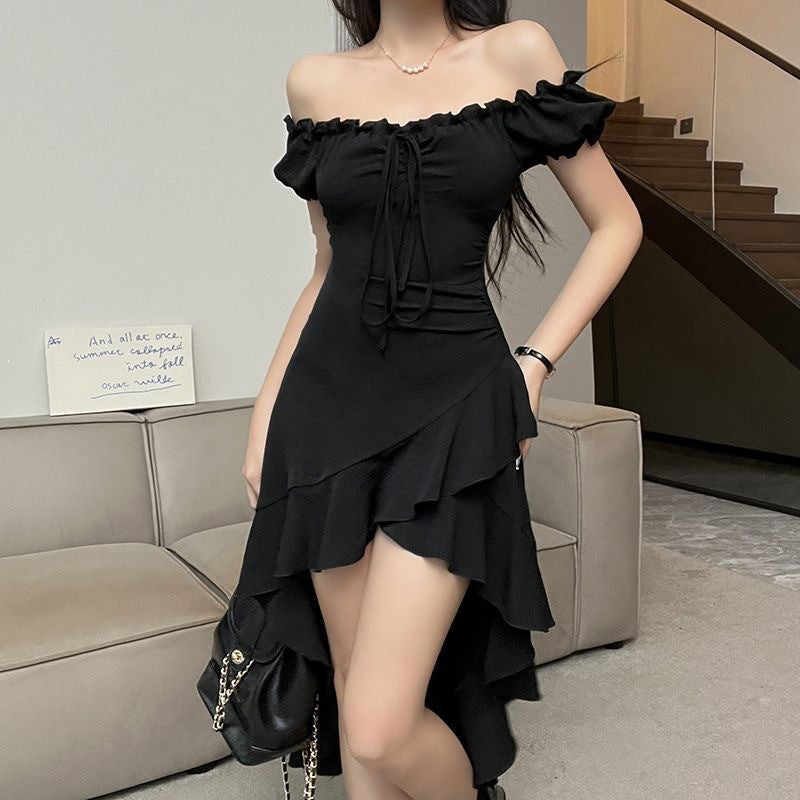 Women's One-Shoulder Ruffled Irregular Midi Dress