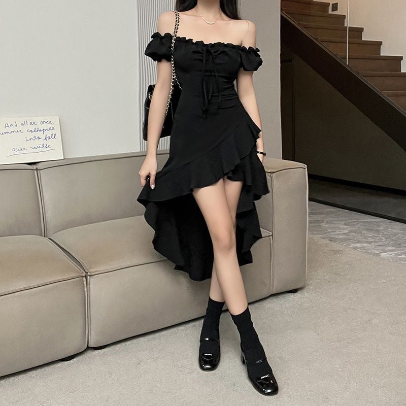 Women's One-Shoulder Ruffled Irregular Midi Dress