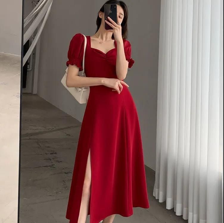 Women's Vintage Square Neck Puff Sleeve Midi Dress