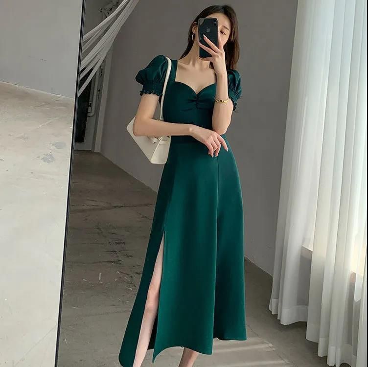 Women's Vintage Square Neck Puff Sleeve Midi Dress