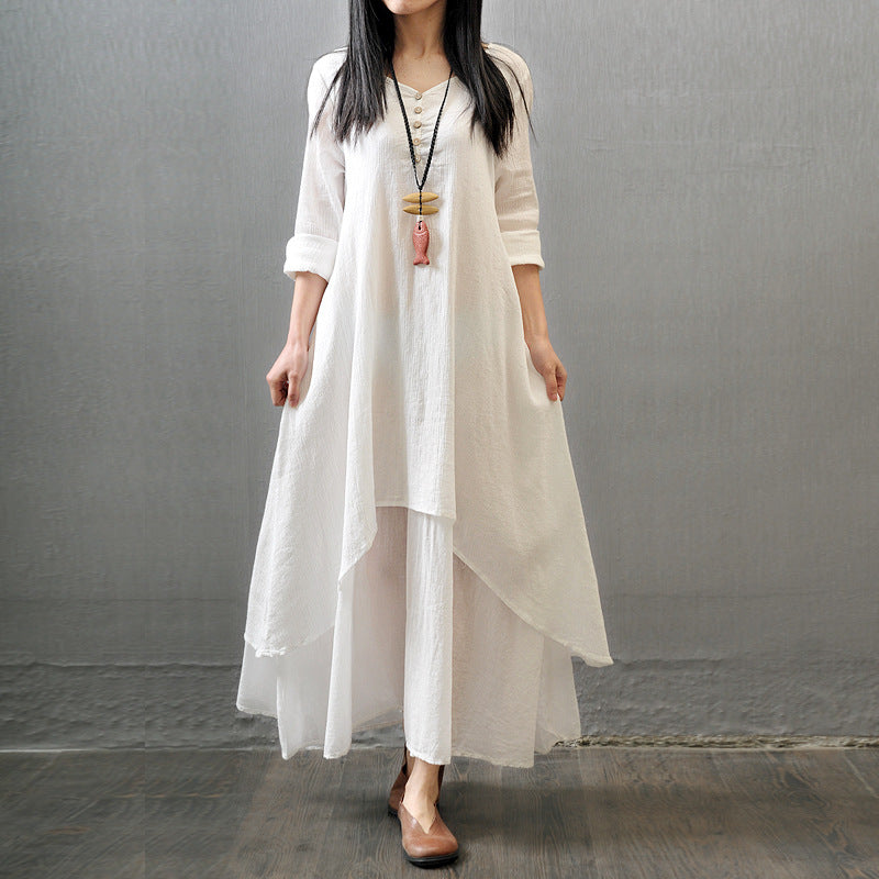 Women's Cotton Linen Patchwork Maxi Dress with Long Sleeves