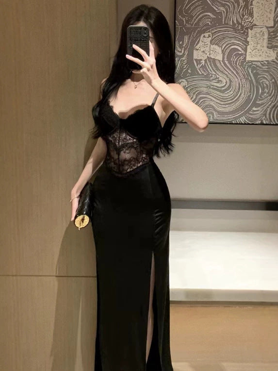Women's Lace Bodycon Maxi Dress with Side Slit