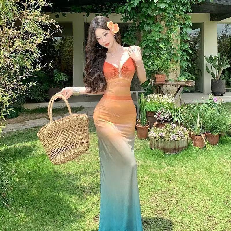 Women's Printed Mesh Spaghetti Strap Maxi Dress