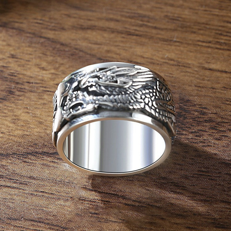 Men's S925 Sterling Silver Dragon Rotating Retro Ring
