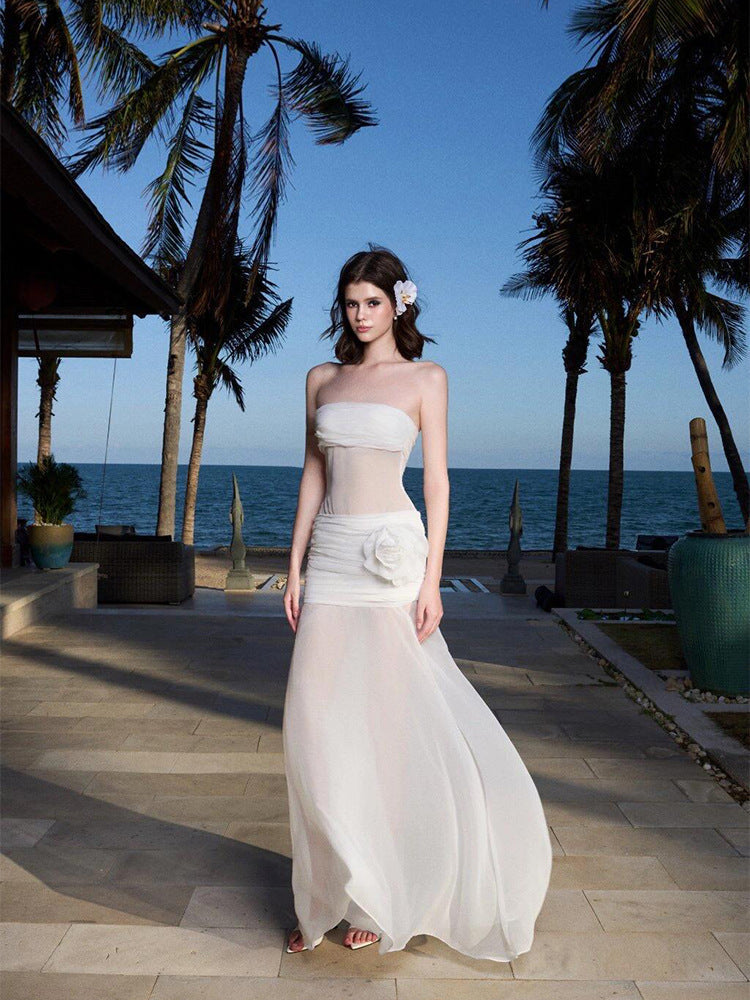 Women's Strapless Mesh Maxi Dress
