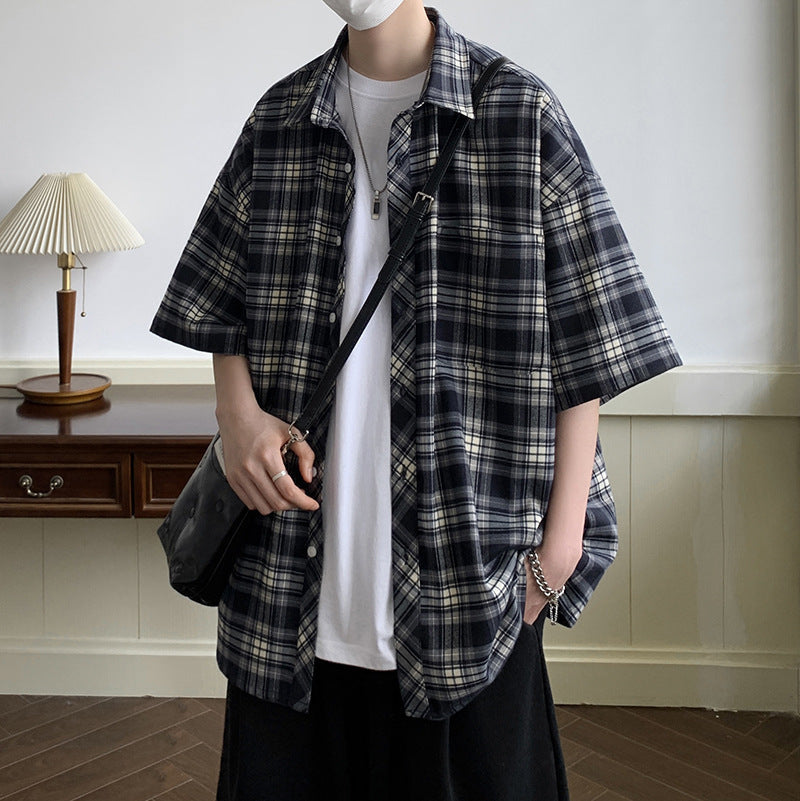 Men's Japanese Plaid Short Sleeve Shirt Retro Casual Style