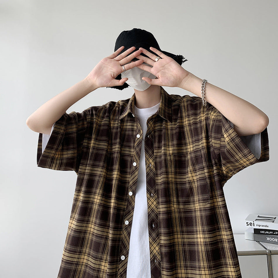 Men's Japanese Plaid Short Sleeve Shirt Retro Casual Style