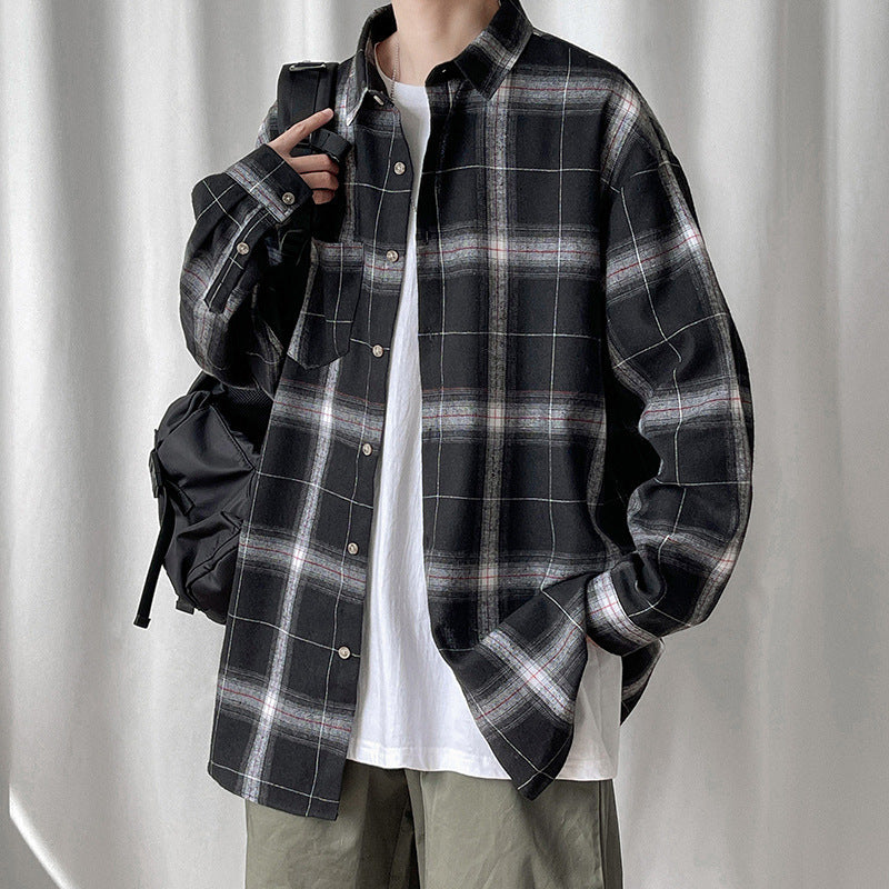 Unisex Black White Plaid Long Sleeve Casual Shirt Jacket
