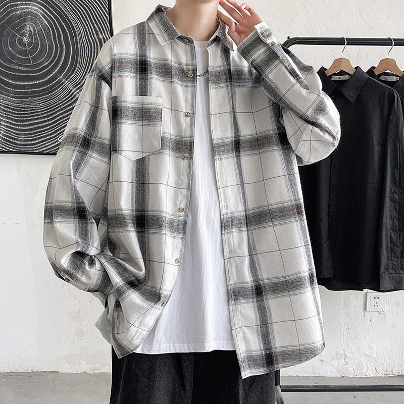 Unisex Black White Plaid Long Sleeve Casual Shirt Jacket