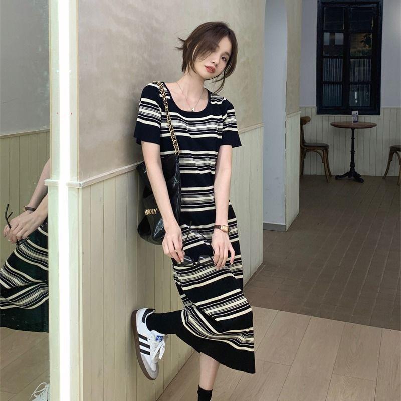 Women's Striped Square Neck Knit Midi Dress