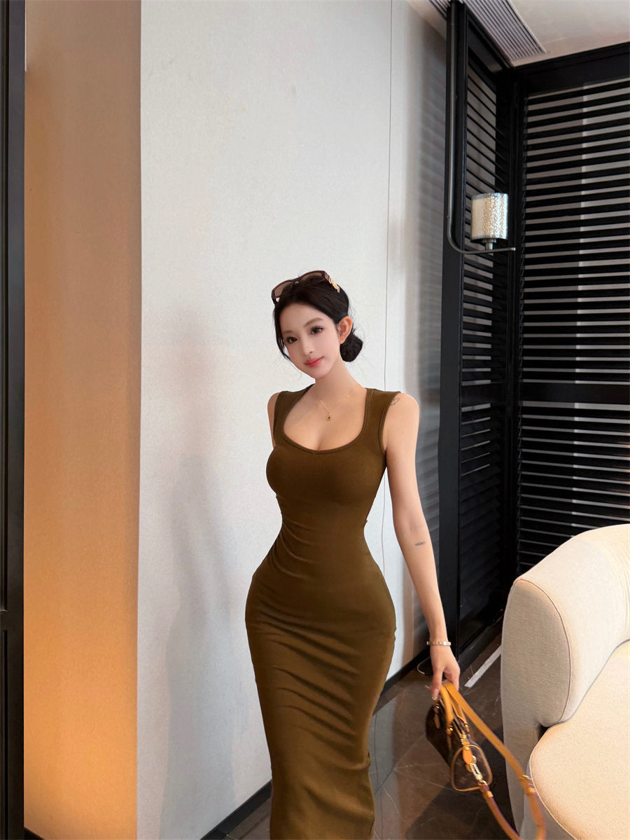 Women's Olive Green Sleeveless Fishtail Midi Dress