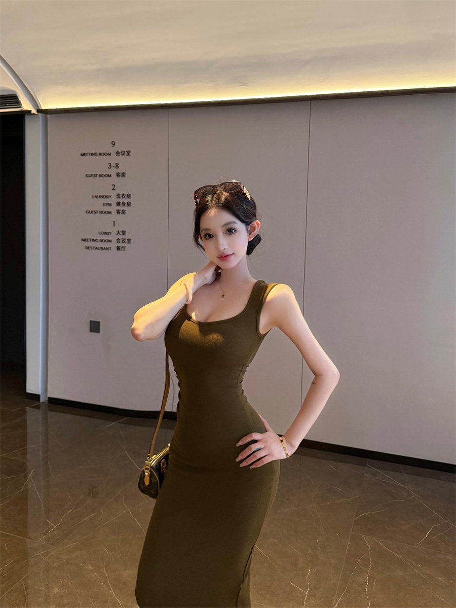 Women's Olive Green Sleeveless Fishtail Midi Dress