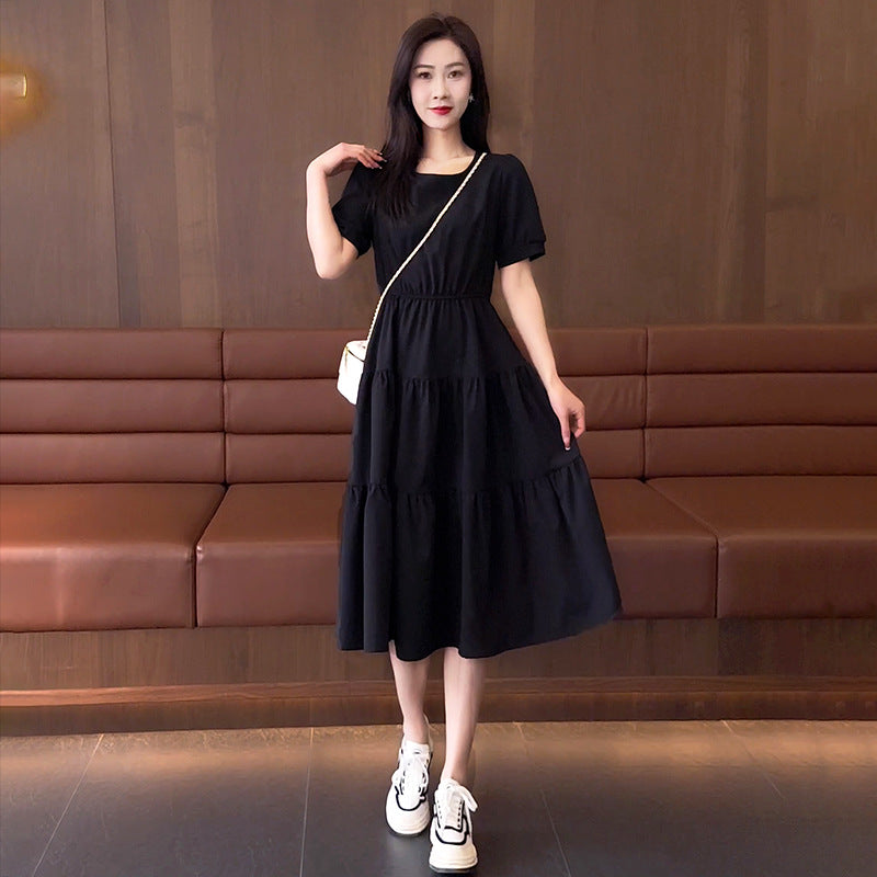 Women's Short Sleeve A-Line Midi Dress with High Waist Design