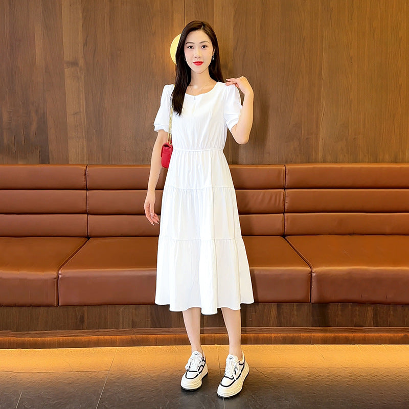 Women's Short Sleeve A-Line Midi Dress with High Waist Design