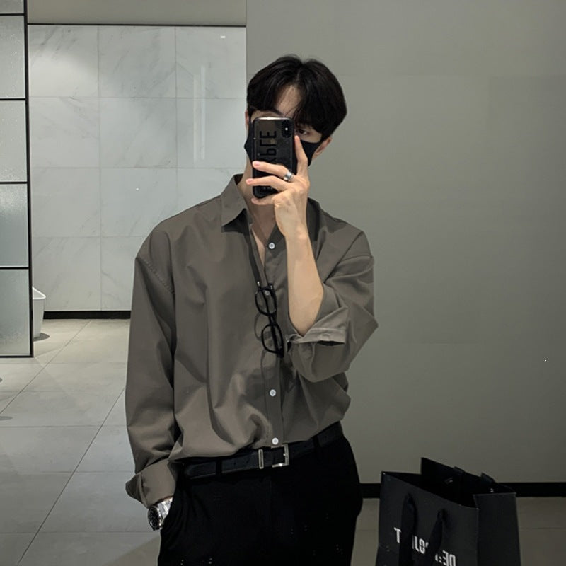 Men's British Style Gray Long Sleeve Oversized Dress Shirt
