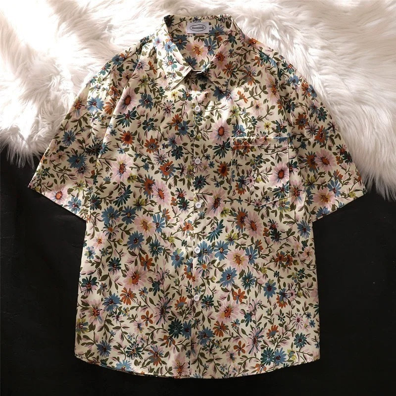 Unisex Daisy Floral Hawaiian Short Sleeve Beach Shirt