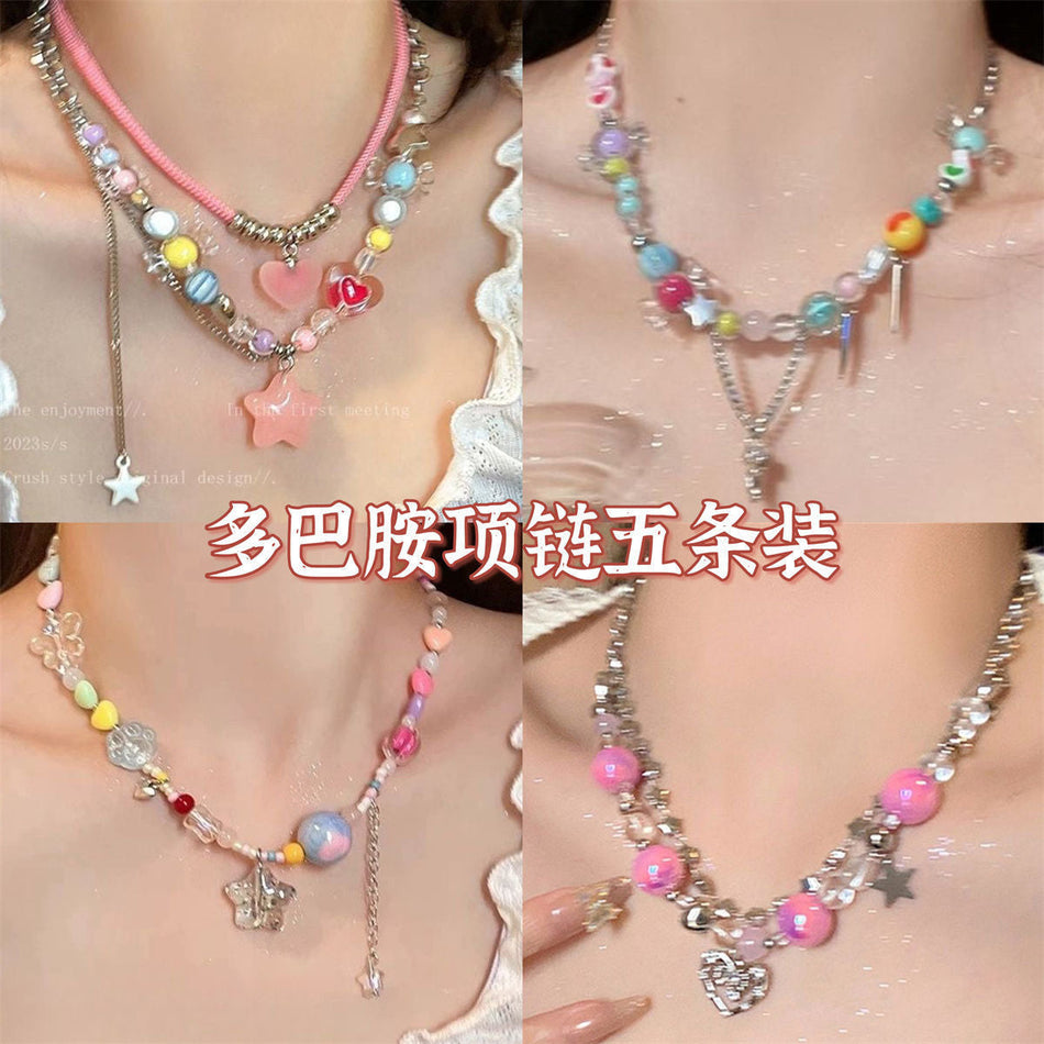 Rainbow Candy Beaded Star Necklace for Women Clavicle Chain
