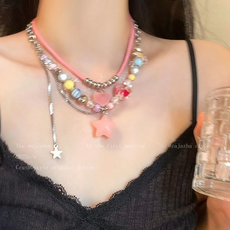 Rainbow Candy Beaded Star Necklace for Women Clavicle Chain