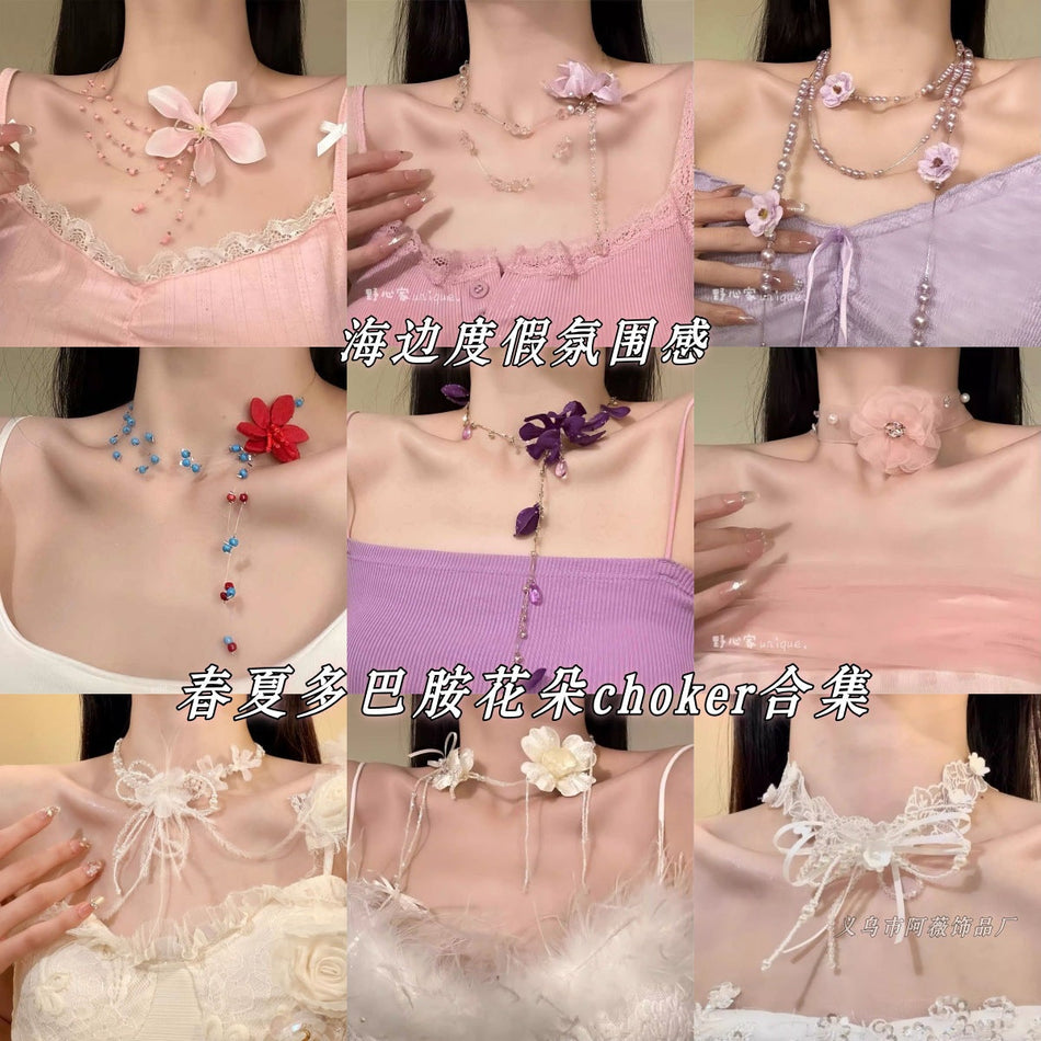 Pink Flower Beaded Layered Choker Necklace for Women