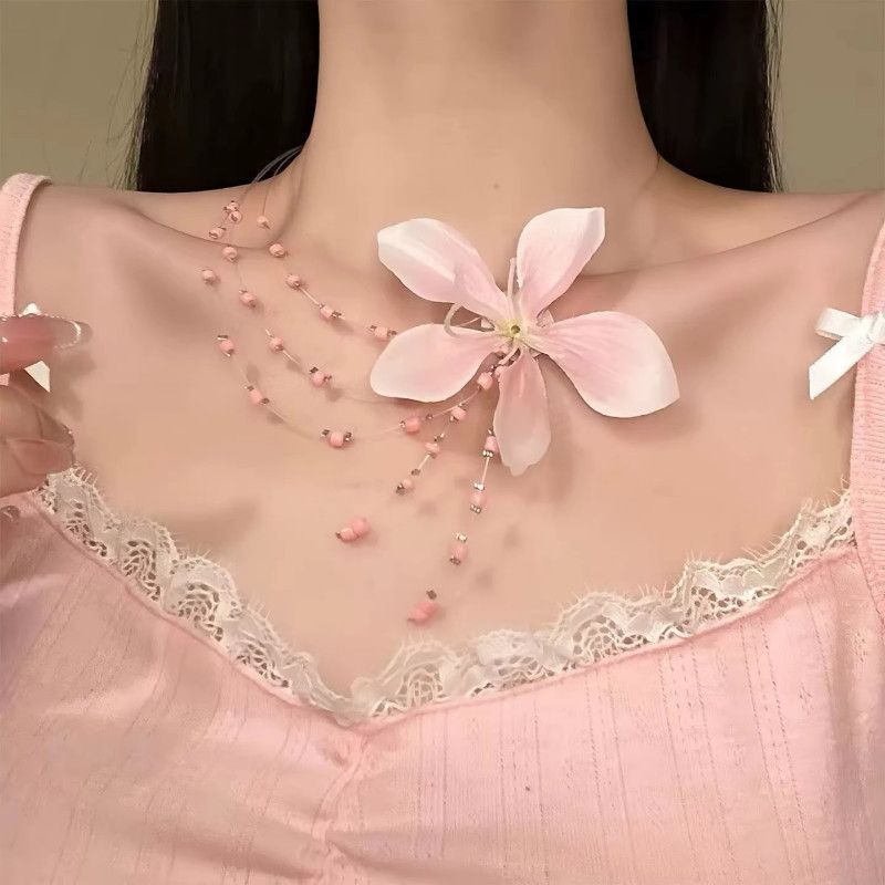 Pink Flower Beaded Layered Choker Necklace for Women