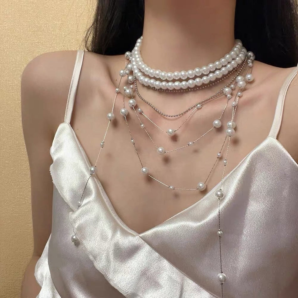 Vintage Beaded Layered Necklace for Women Long Clavicle Chain