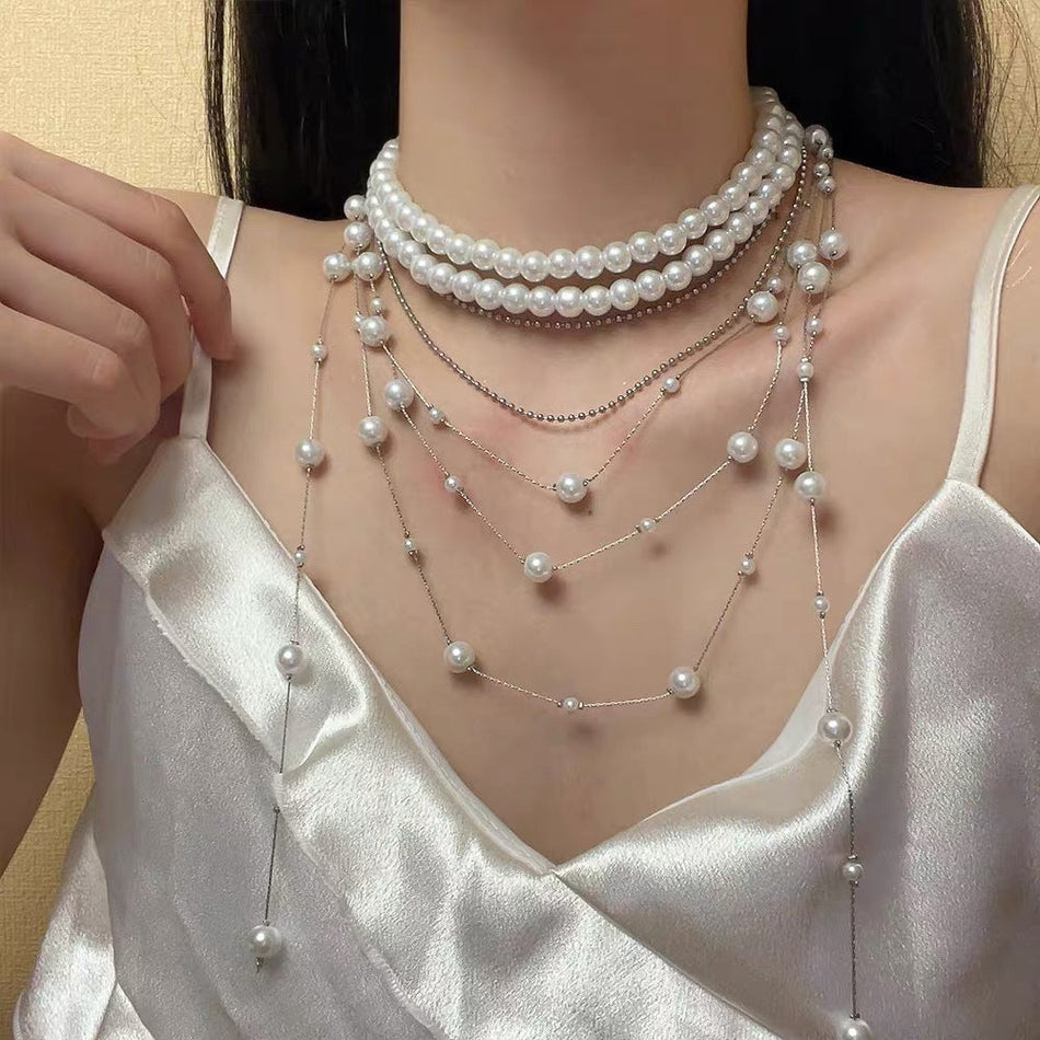 Vintage Beaded Layered Necklace for Women Long Clavicle Chain