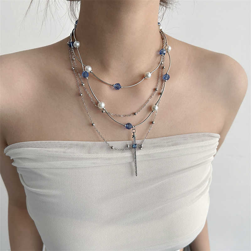 Layered Pearl Cross Pendant Necklace for Women Clavicle Chain