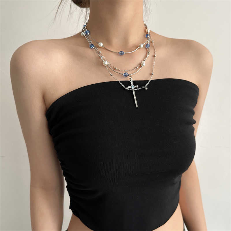 Layered Pearl Cross Pendant Necklace for Women Clavicle Chain