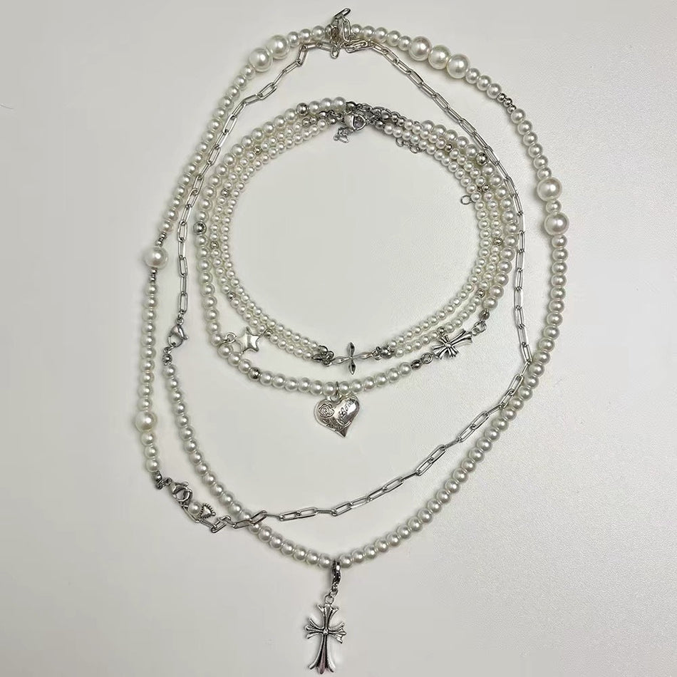 Layered Pearl Cross Heart Necklace for Women Clavicle Chain