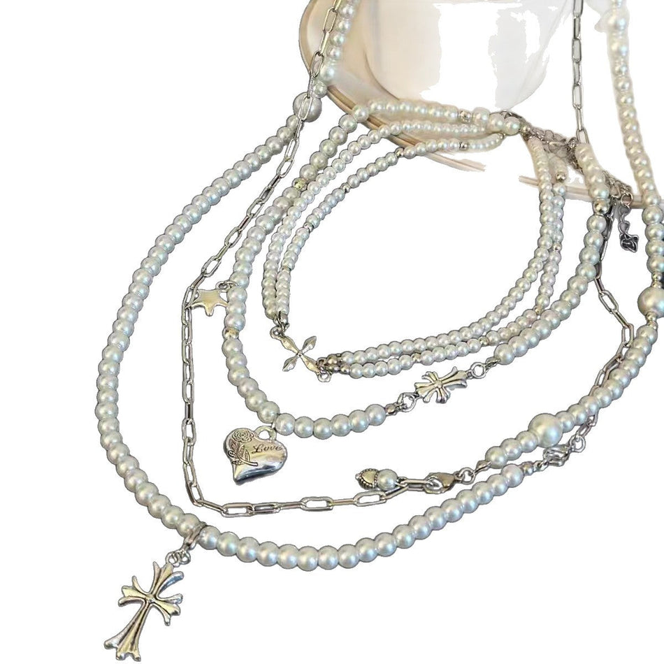 Layered Pearl Cross Heart Necklace for Women Clavicle Chain