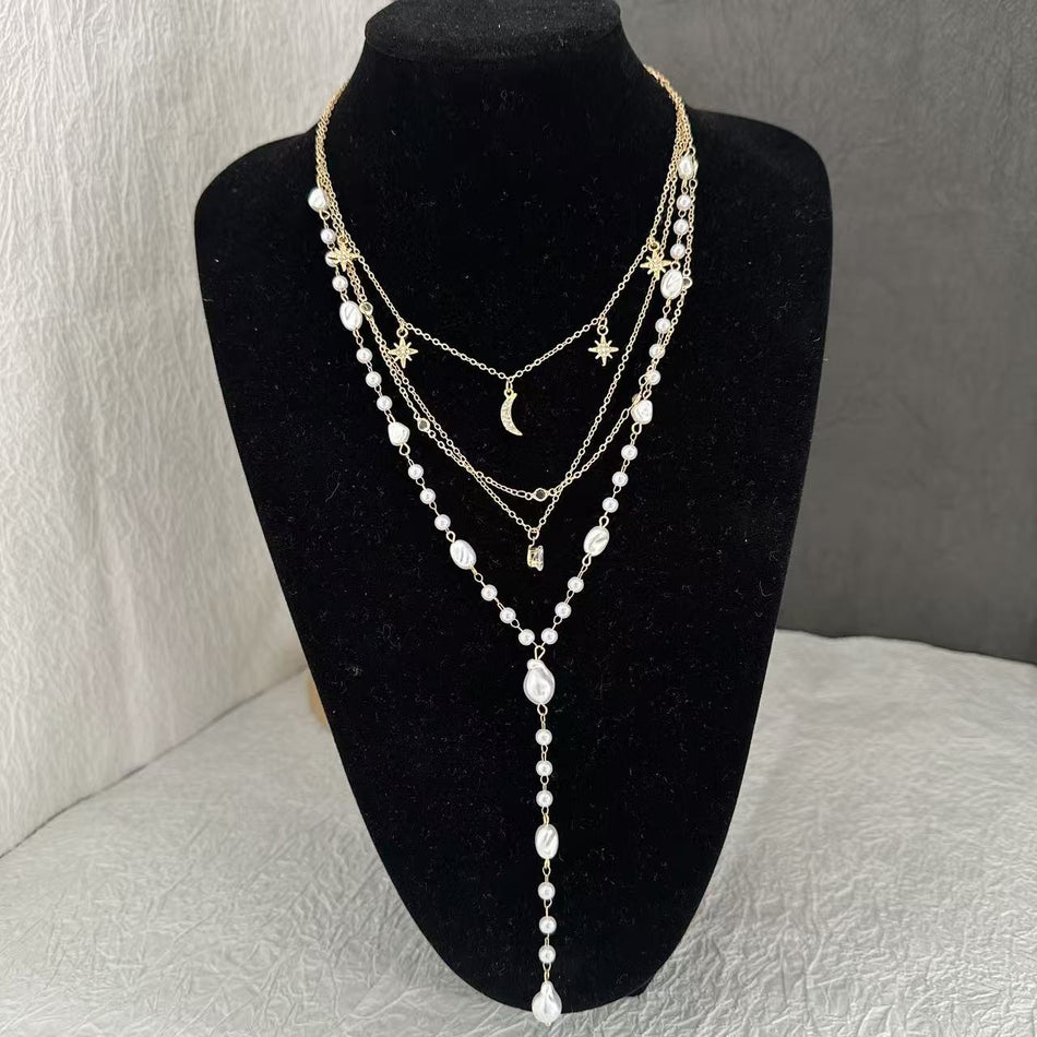 Star Moon Pearl Tassel Necklace for Women Clavicle Chain