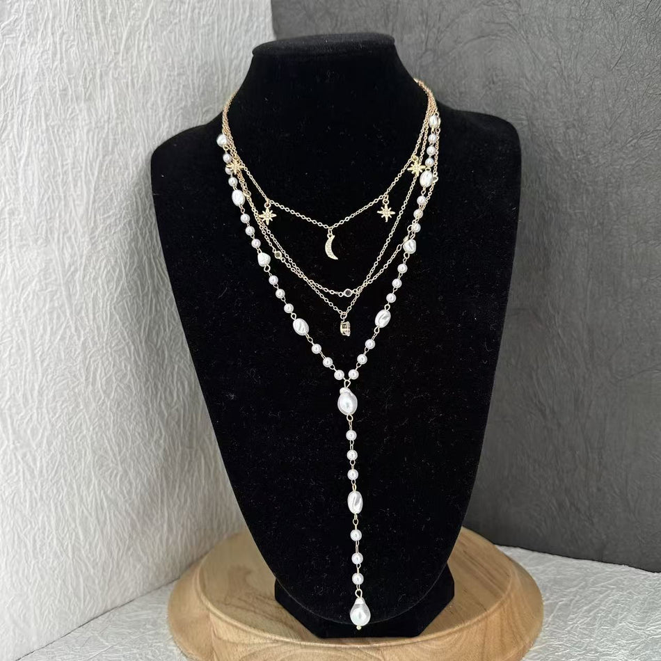 Star Moon Pearl Tassel Necklace for Women Clavicle Chain