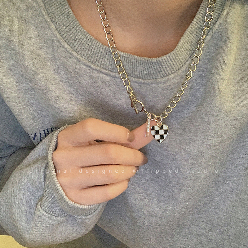 Plaid Heart Pendant Necklace and Bracelet Set for Women