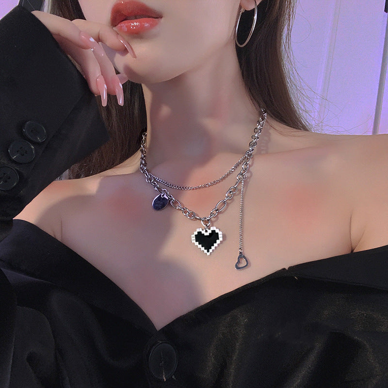 Double Layer Black Heart Pendant Necklace for Women