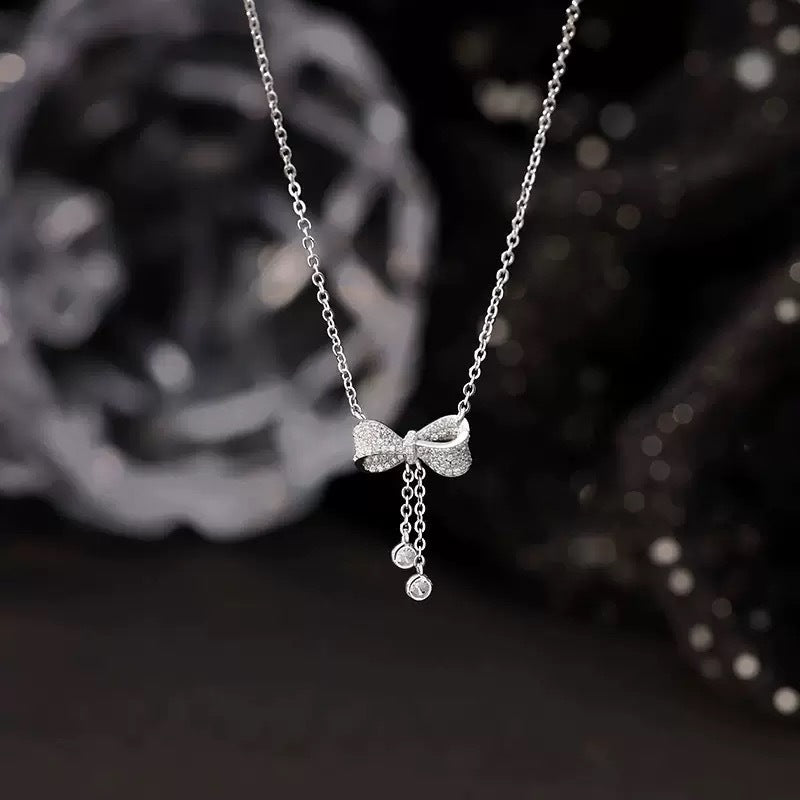 Bowknot Tassel Zircon Necklace for Women Clavicle Chain