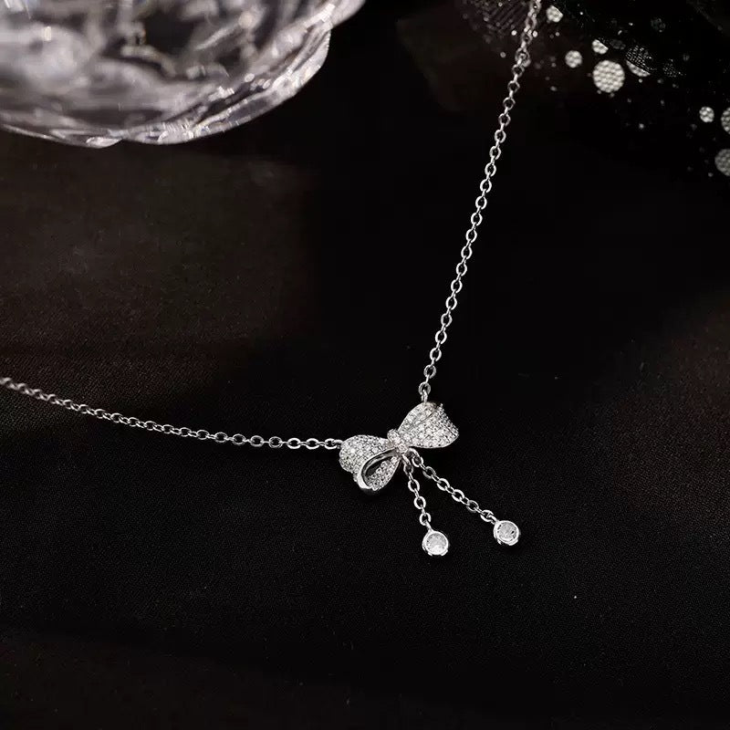 Bowknot Tassel Zircon Necklace for Women Clavicle Chain