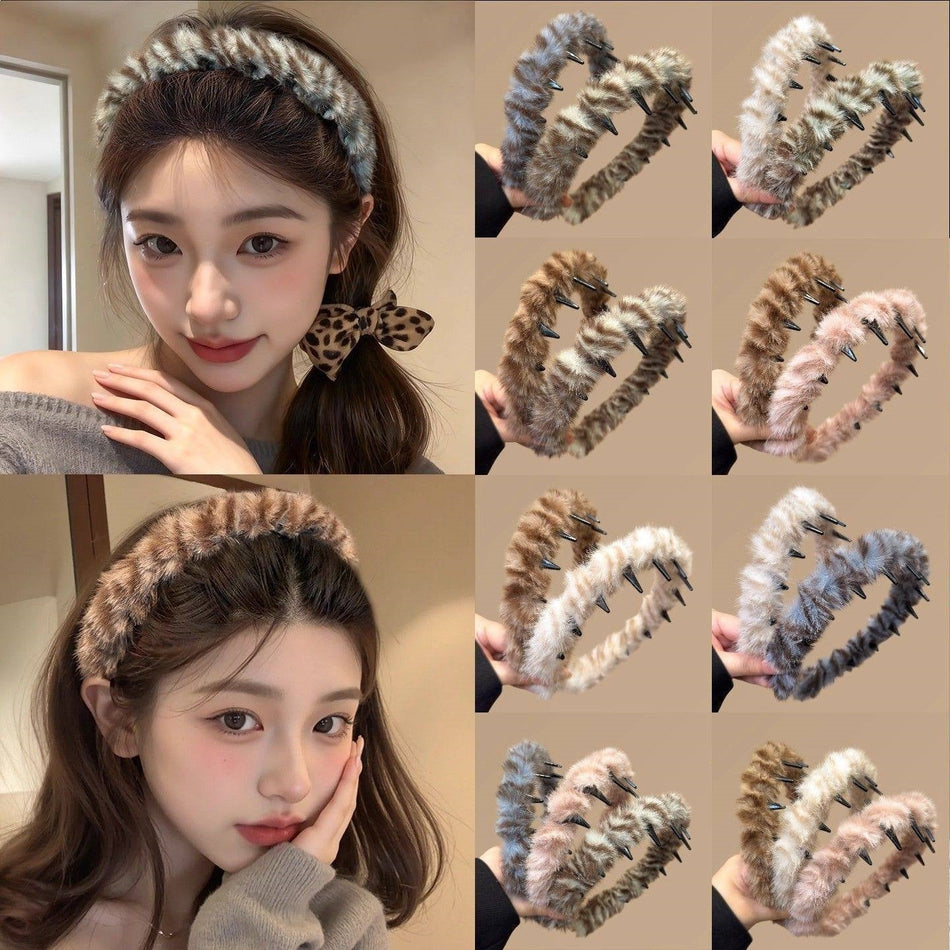 Leopard Print Plush Headband for Women Non-Slip Hair Accessory