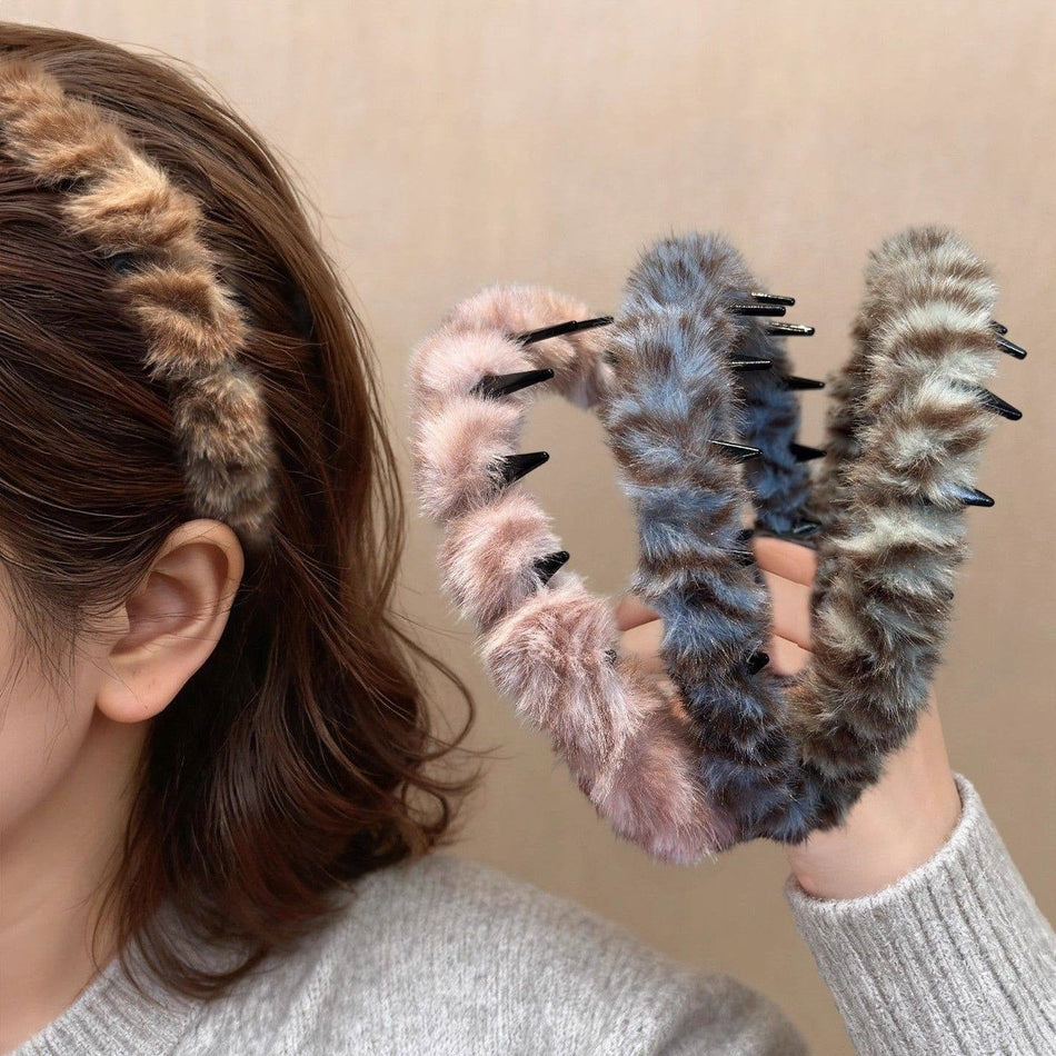 Leopard Print Plush Headband for Women Non-Slip Hair Accessory